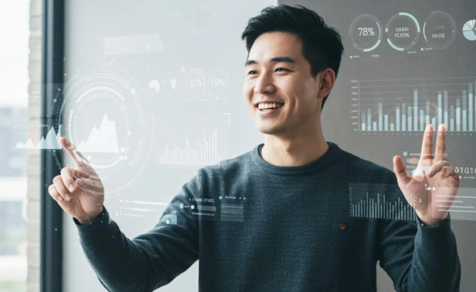 Asian man interacting with a 3D dashboard, illustrating scaling sales with Revenue-as-a-Service.