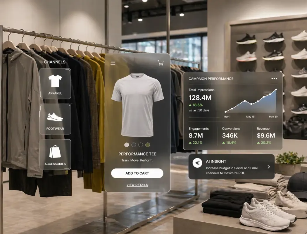 A retail store with AR tech showing apparel, campaign data, and AI-driven marketing insights.