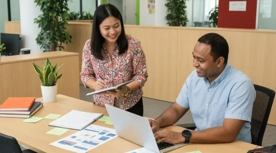 TP employees collaborating at a desk with a laptop and notes in a bright office.