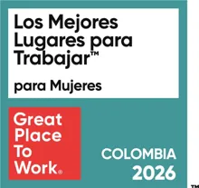 Best Workplaces for Women award badge from GPTW for TP in Colombia, 2026.