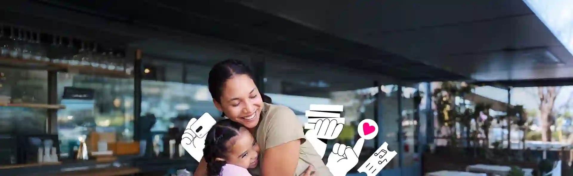 Woman smiling and hugging a child in an indoor setting, surrounded by illustrated icons of communication and technology.