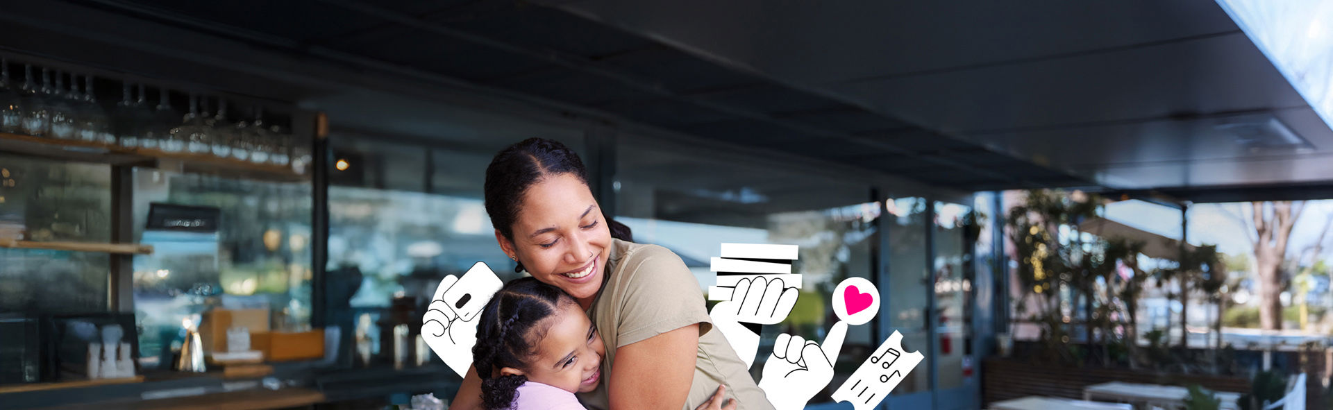 Woman smiling and hugging a child in an indoor setting, surrounded by illustrated icons.