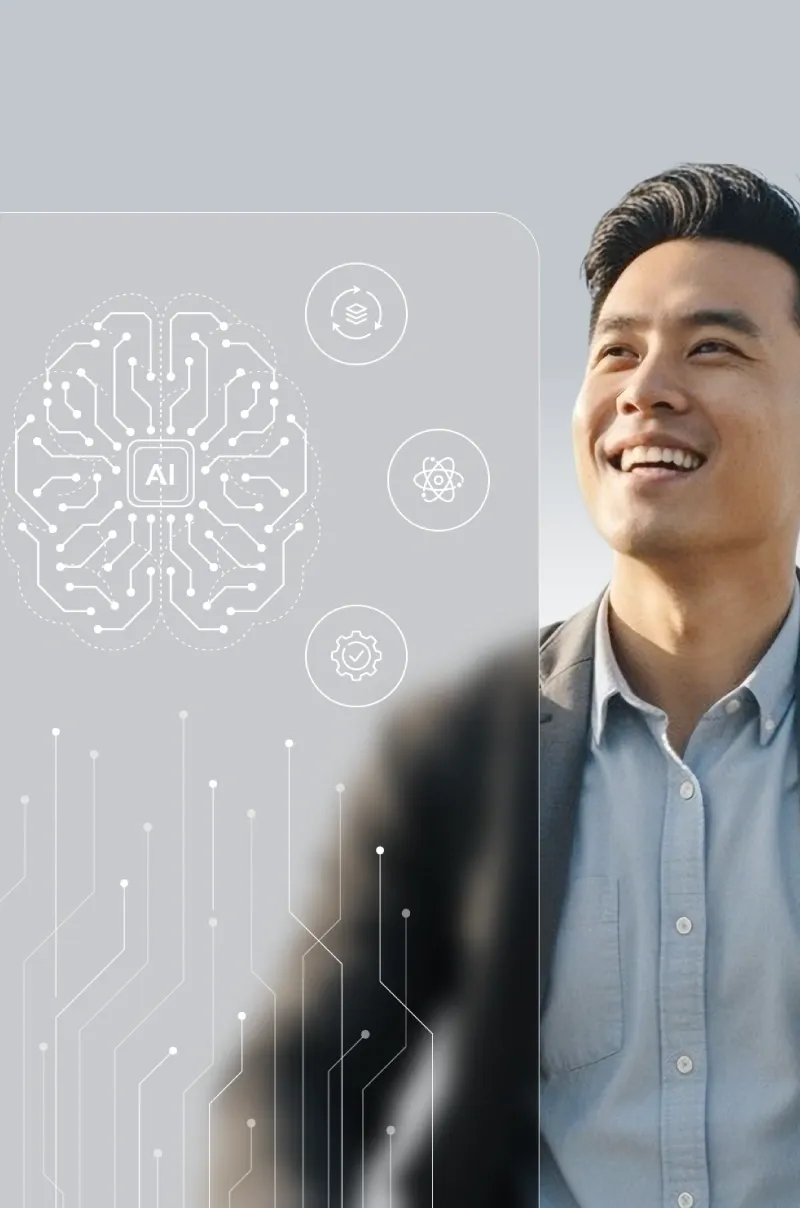 A smiling professional stands beside futuristic AI-themed tech graphics.