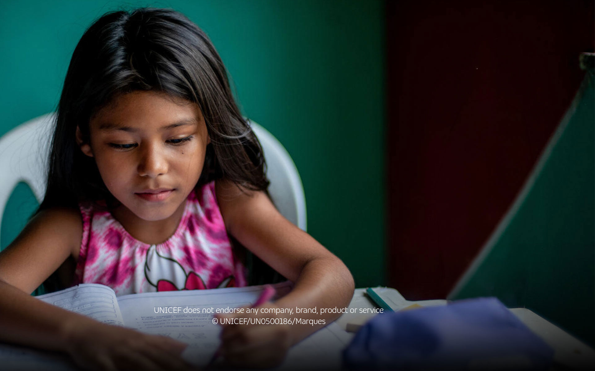 Young girl studying at school, illustrating TP’s partnership with UNICEF.