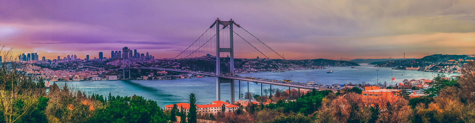 İstanbul Boğazı'nın şehir silüeti ve deniz trafiğini gösteren panoramik manzara.
