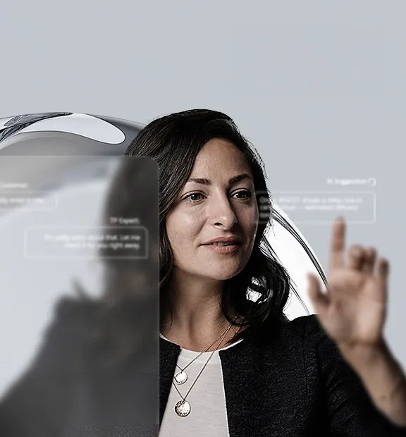 Woman interacting with transparent digital interface displaying AI-generated customer suggestions.