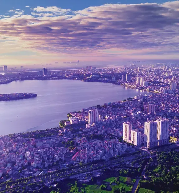 Hanoi cityscape and West Lake in Vietnam.