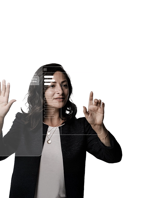 Woman using an AI interface with capabilities displayed.
