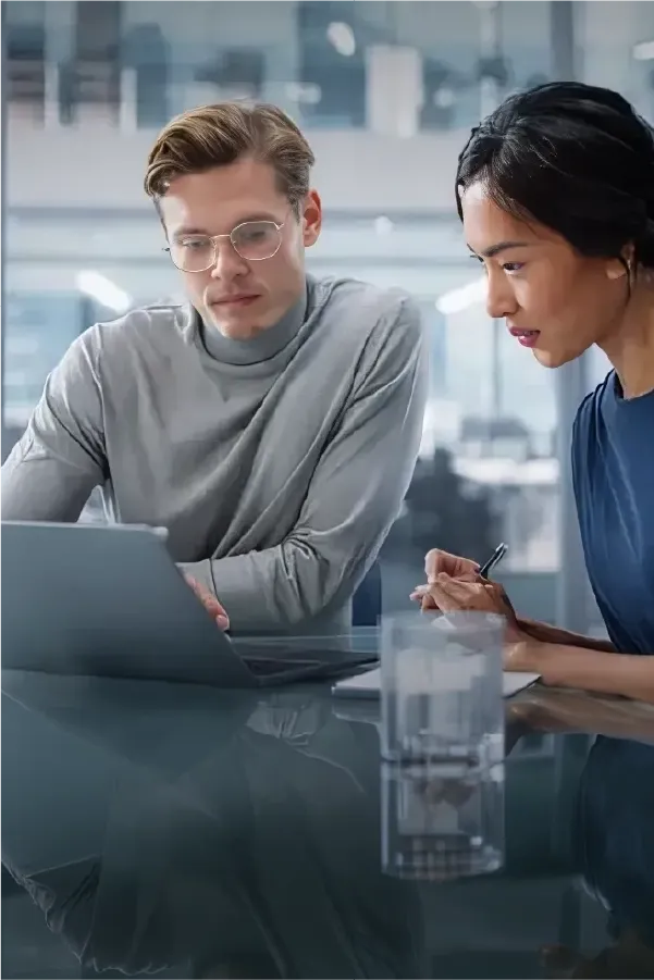 Two professionals reviewing data on a laptop during a meeting.